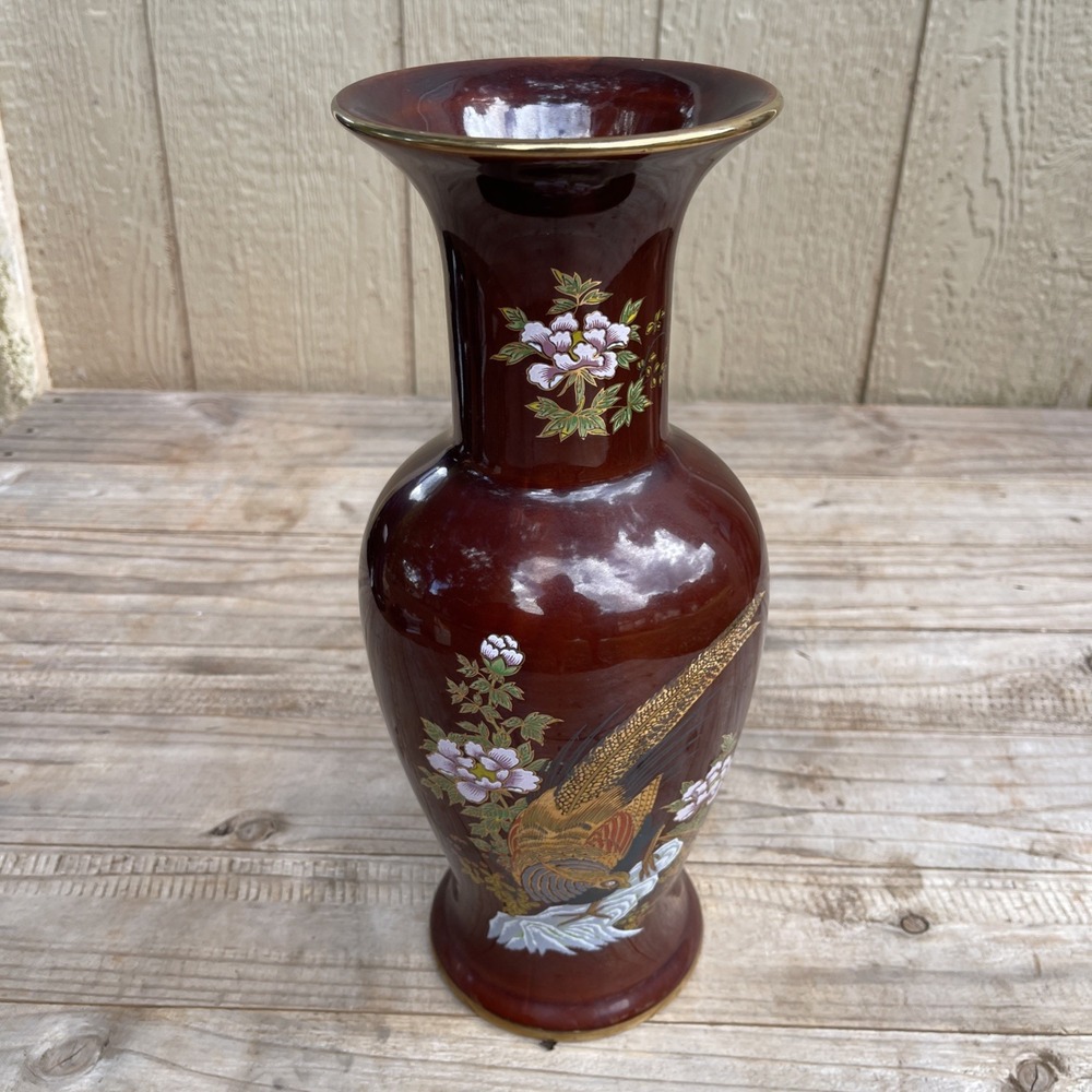 Vintage MANN Japan Golden Pheasant Porcelain Vase 14" Maroon Bird Floral Big